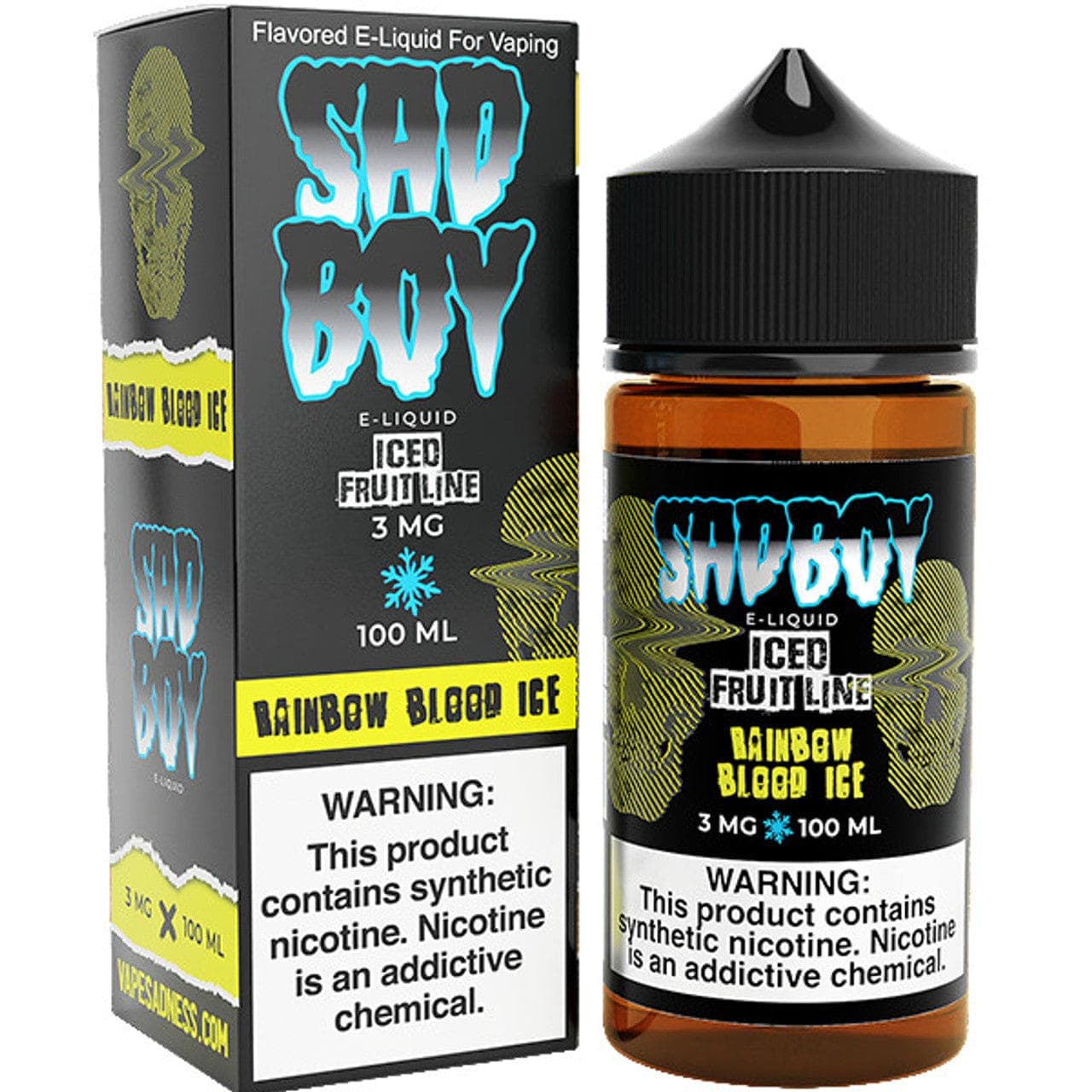 Rainbow Blood ICE Sadboy E-Liquid 100mL bottle with vibrant rainbow and icy flavor design, features colorful branding and product label.