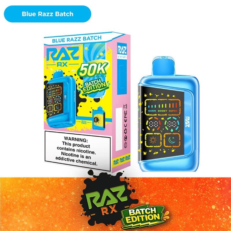 Raz RX 50K disposable vape device with sleek design and mouthpiece, featuring RAZ branding and compact size.