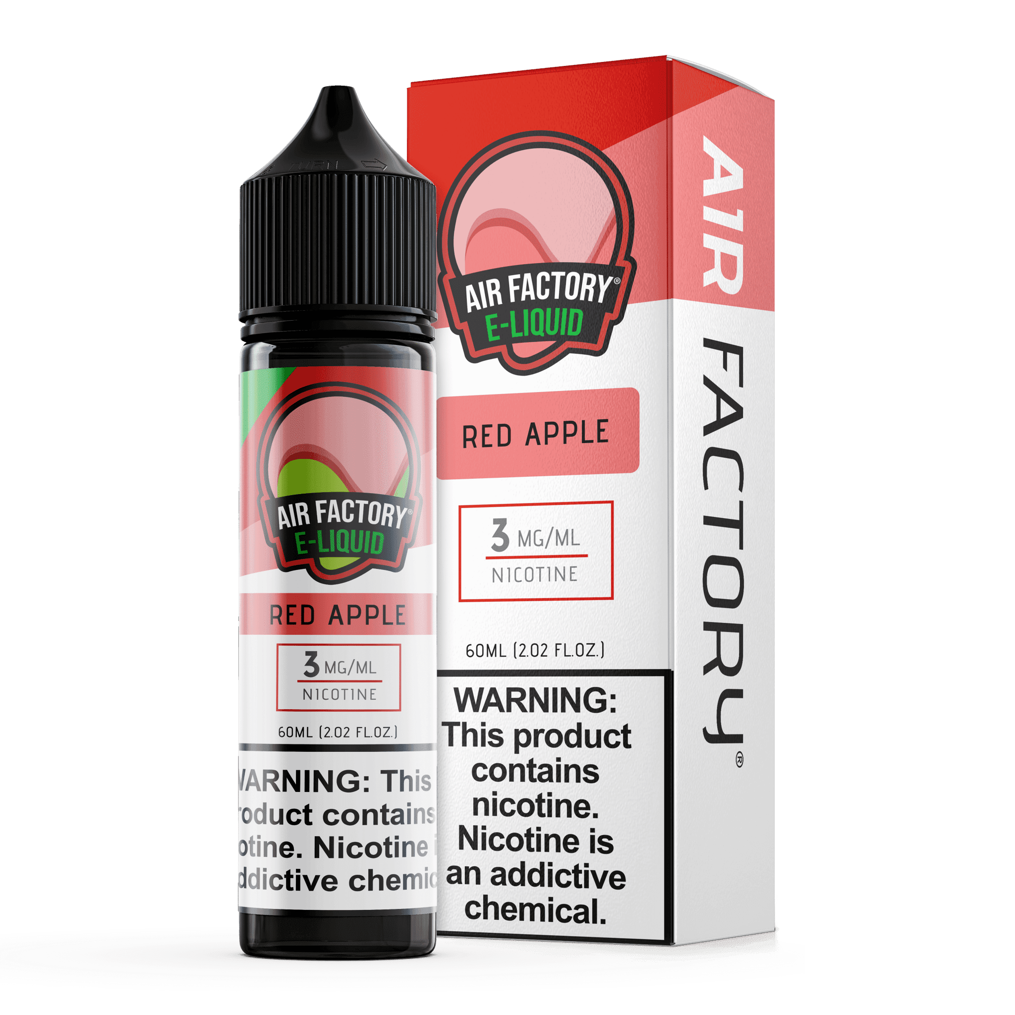 Red apple flavored Air Factory E-Liquid bottle, 60mL, with vibrant red apple graphic on the label.