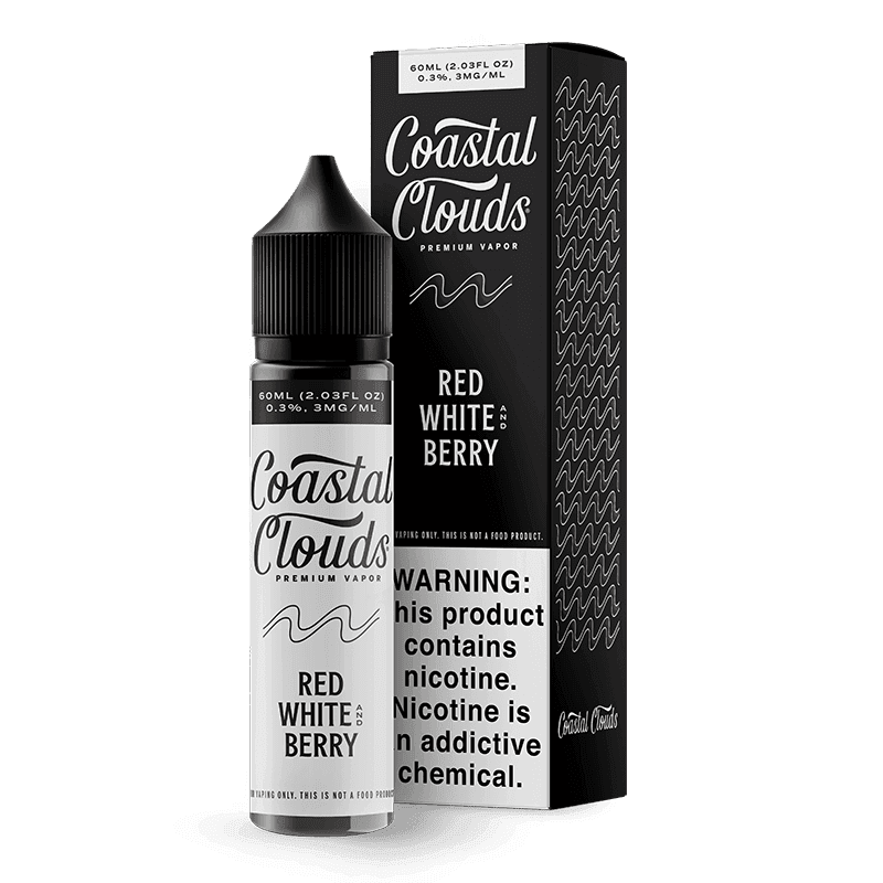 Red, white, and berry flavored Coastal Clouds e-liquid in a 60mL bottle, featuring vibrant fruit imagery.