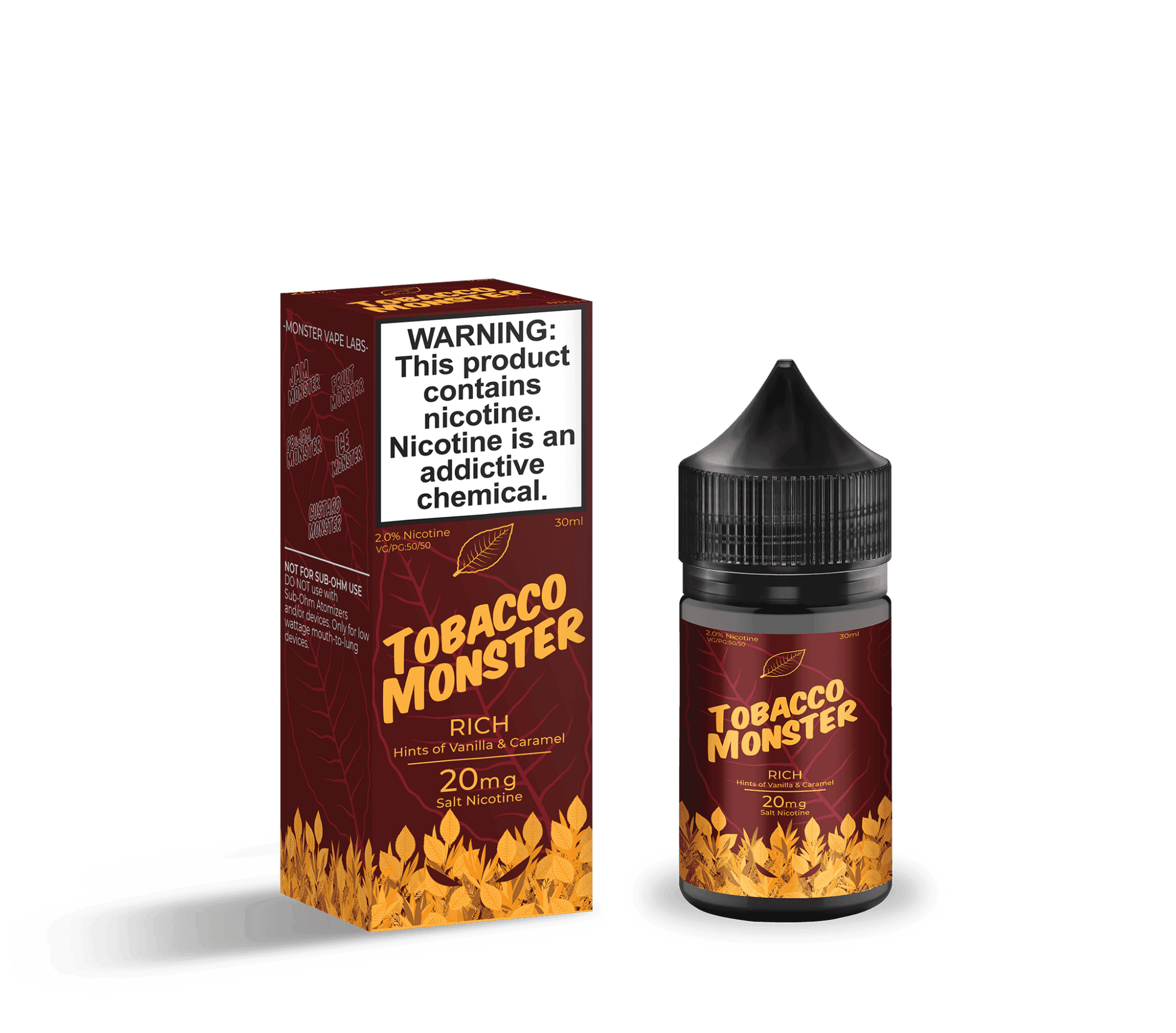 Rich SALT Tobacco Monster e-liquid bottle, 30mL, with tobacco flavor label and eye-catching design.