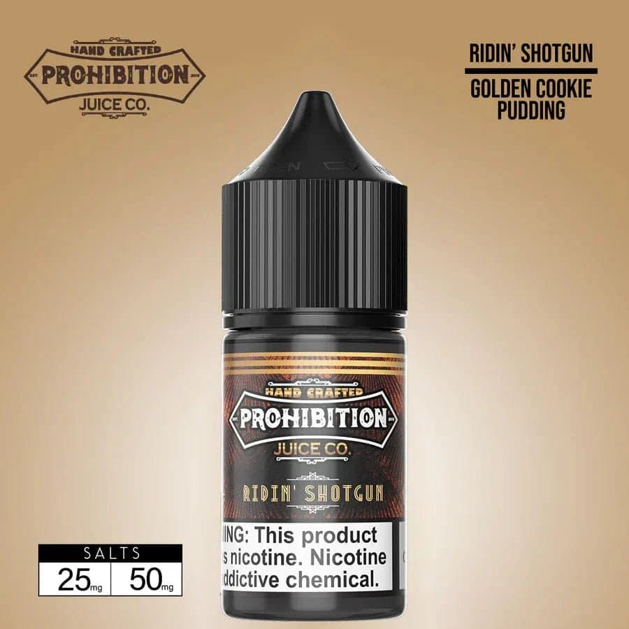 Ridin' Shotgun SALT e-liquid by Prohibition Juice Co., 30mL bottle, featuring bold flavor label and colorful packaging.