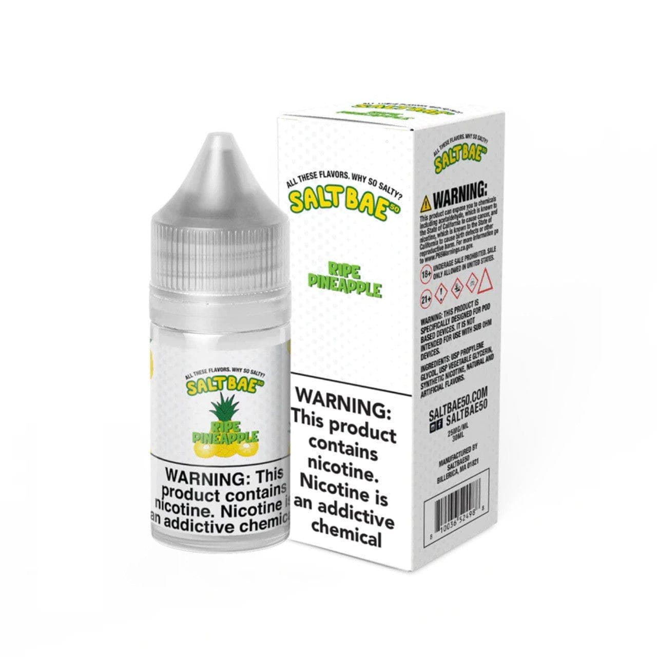 Fresh ripe pineapple for Salt Bae 50 e-liquid, showing vibrant yellow pineapple with green leaves in a close-up shot.