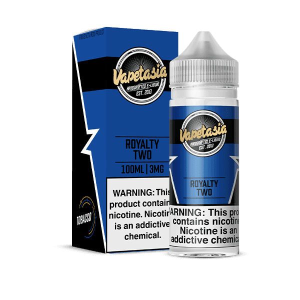 Vapetasia Royalty Two 100mL e-liquid bottle with colorful label, featuring a royal-themed design and flavor details.