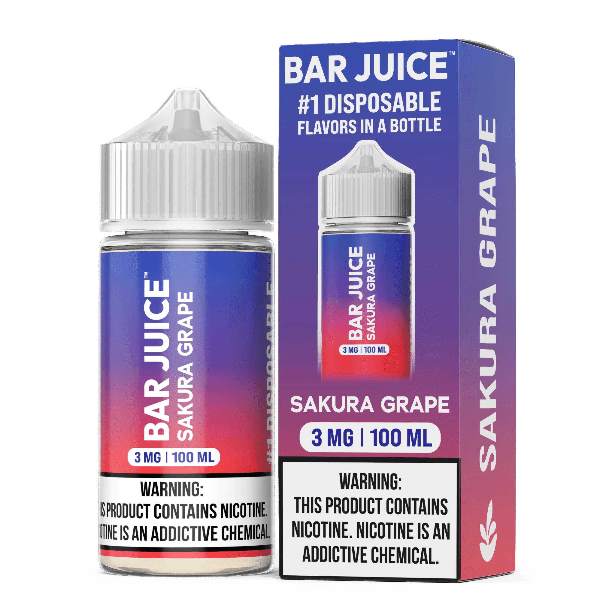 Sakura Grape Bar Juice e-liquid bottle, 100mL, with purple grape and sakura flower illustrations on label.