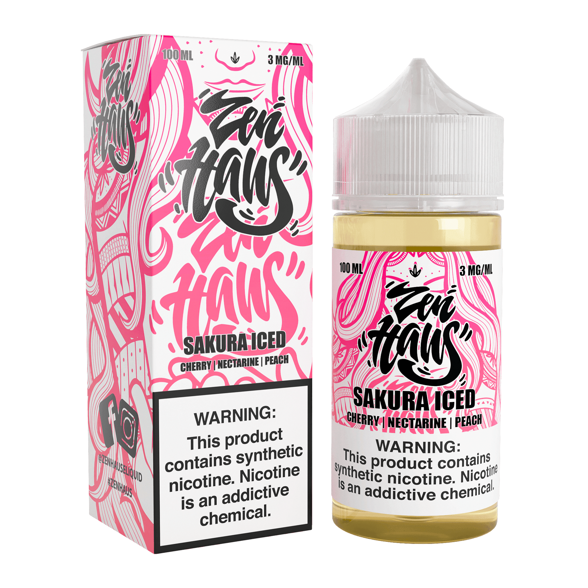 Zen Haus Sakura ICED vape juice bottle, 100mL with 3mg nicotine, featuring cherry blossom and icy menthol flavor.