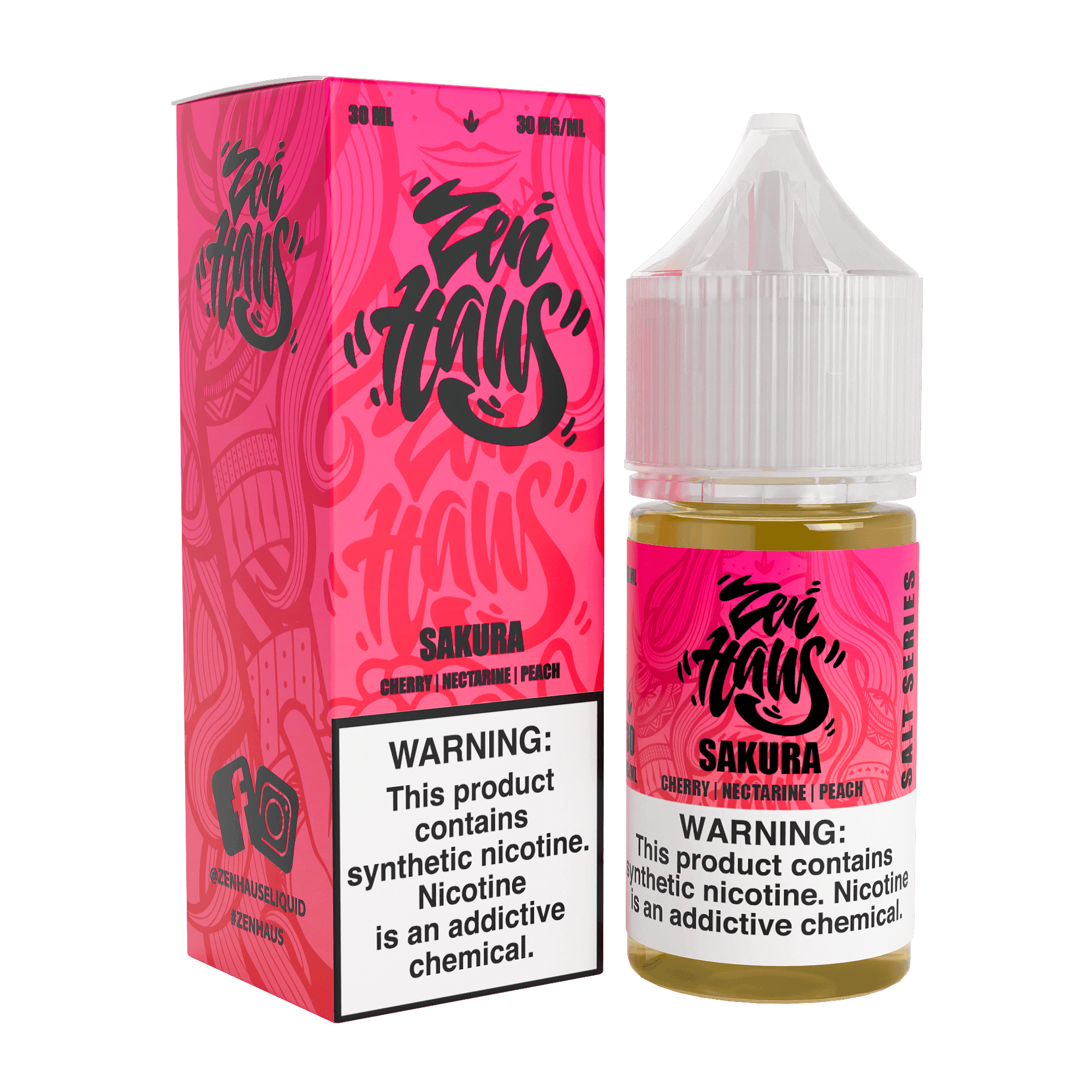 Zen Haus Sakura SALT nicotine salt bottle, 30mL, 30mg nicotine, with pink and white sakura floral design.