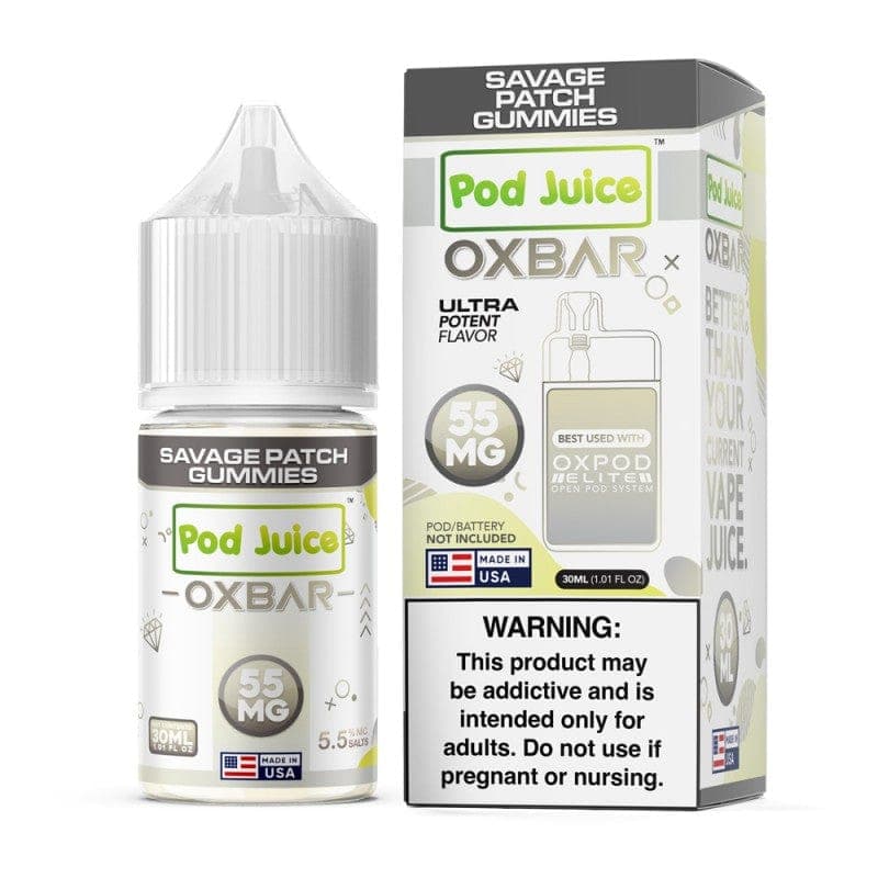 Savage Patch Gummies Salt e-liquid by Pod Juice, 30ml bottle featuring colorful gummy bear design and vape flavor branding.
