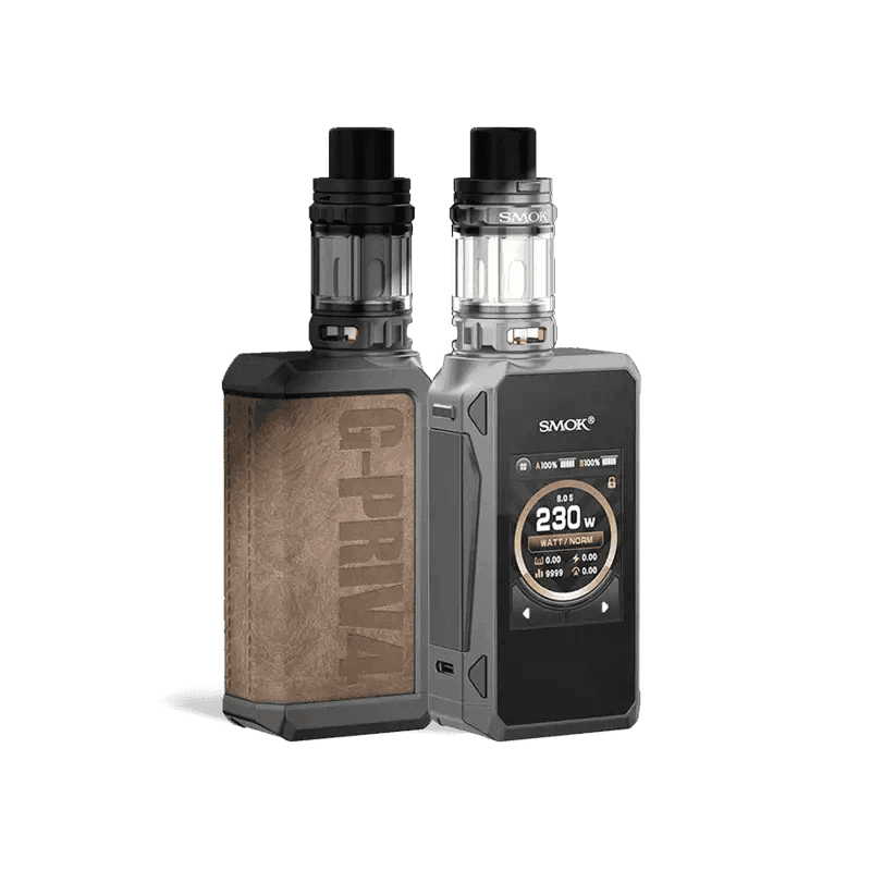 SMOK G-Priv 4 230W Starter Kit with sleek black mod and matching tank, featuring digital display and adjustable airflow.