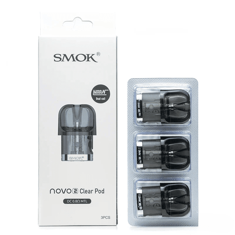 SMOK Novo 2 replacement vape pods, compatible with SMOK pod system, showing clear e-liquid chambers and mouthpiece.