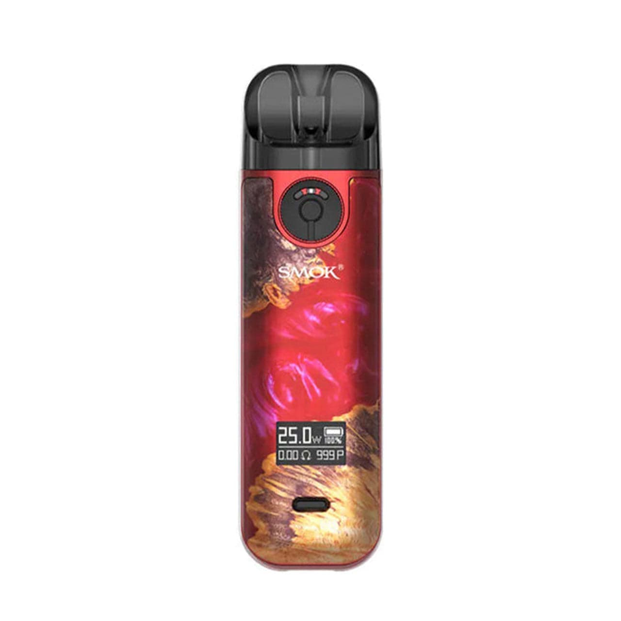 SMOK Novo 4 Pod Kit hardware with sleek design, featuring pod cartridge, buttons, and airflow holes for vaping.