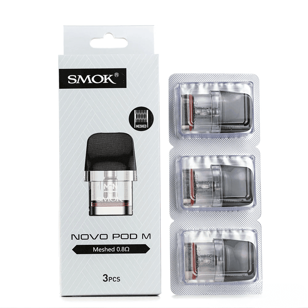 SMOK Novo M replacement vape pods for SMOK Novo M device, showing clear plastic with mouthpiece and fill port