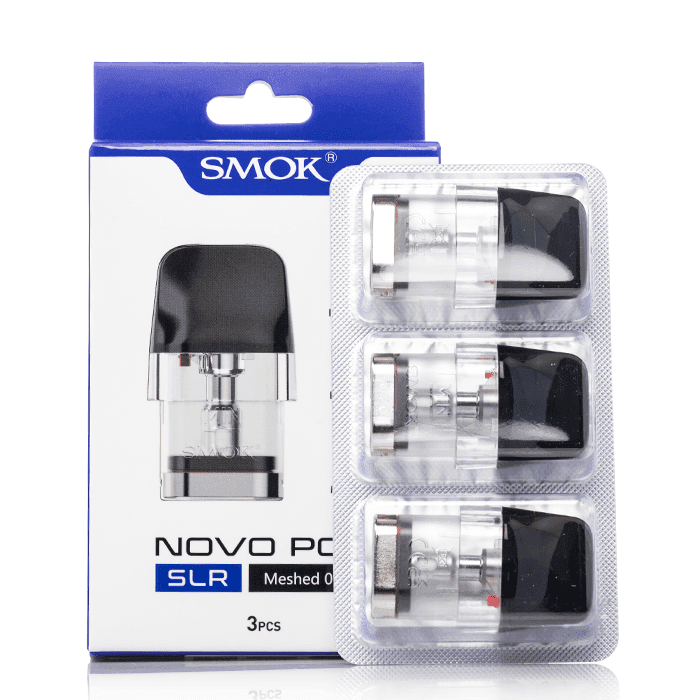 SMOK Novo SLR replacement pods for vaping hardware, showing clear, plastic pod with mouthpiece and e-liquid chamber.