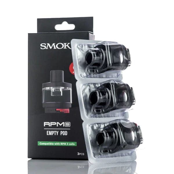 SMOK RPM 5 replacement pods for vaping device, showing clear plastic cartridges with fill ports and airflow openings.