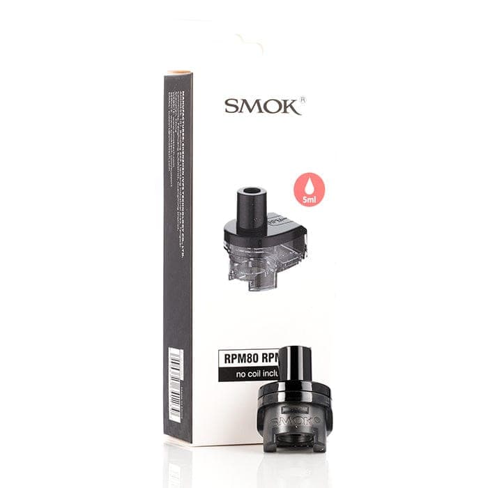 SMOK RPM 80 replacement vape pods for SMOK devices, showing a set of sleek, compatible refillable pods with mouthpiece and filling port.