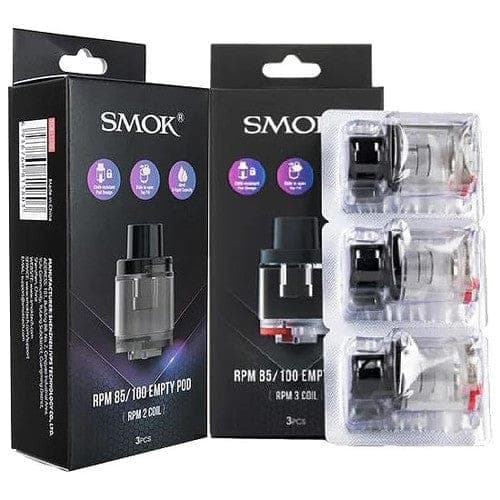 SMOK RPM 85/100 replacement vape pods, clear plastic with mouthpiece for easy refilling and use.