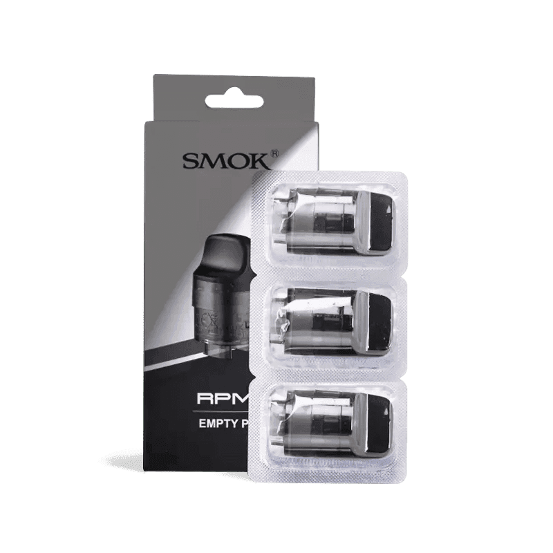 SMOK RPM C replacement pods for vaping device, showing clear plastic containers with black mouthpieces and visible filling ports.