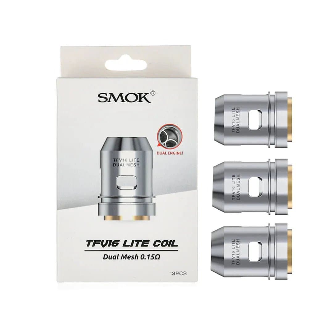 SMOK TFV16 Lite replacement vape coils, cylindrical metal and wick components for use in SMOK vape tanks.