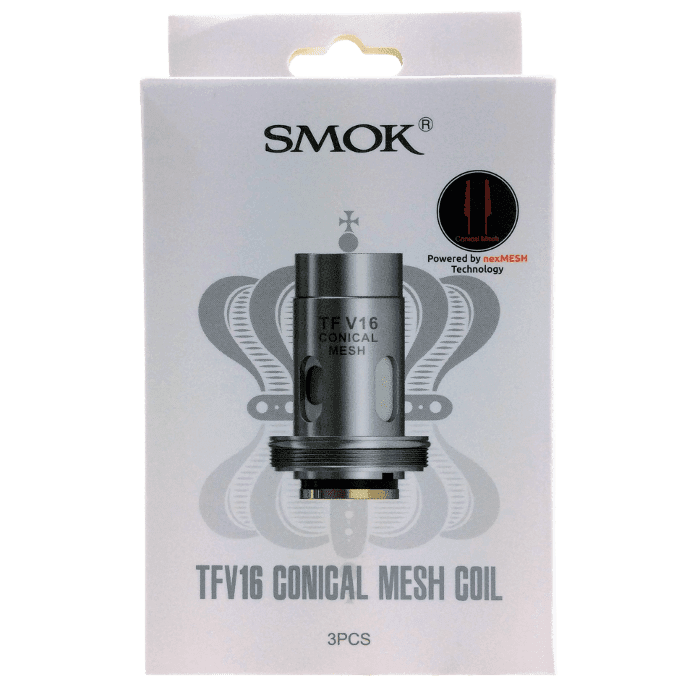SMOK TFV16 Mesh Replacement Coils for vape, shown in a pack with multiple coils, designed for use with SMOK vaping devices.