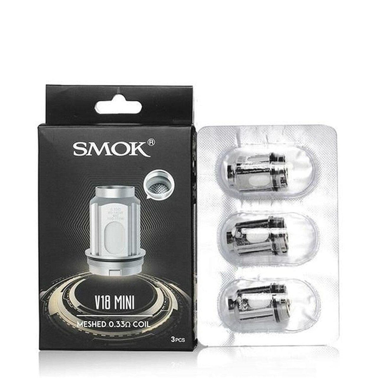 SMOK TFV18 Mini replacement coils for vape tank, showing coil heads with wicking material and metal construction.