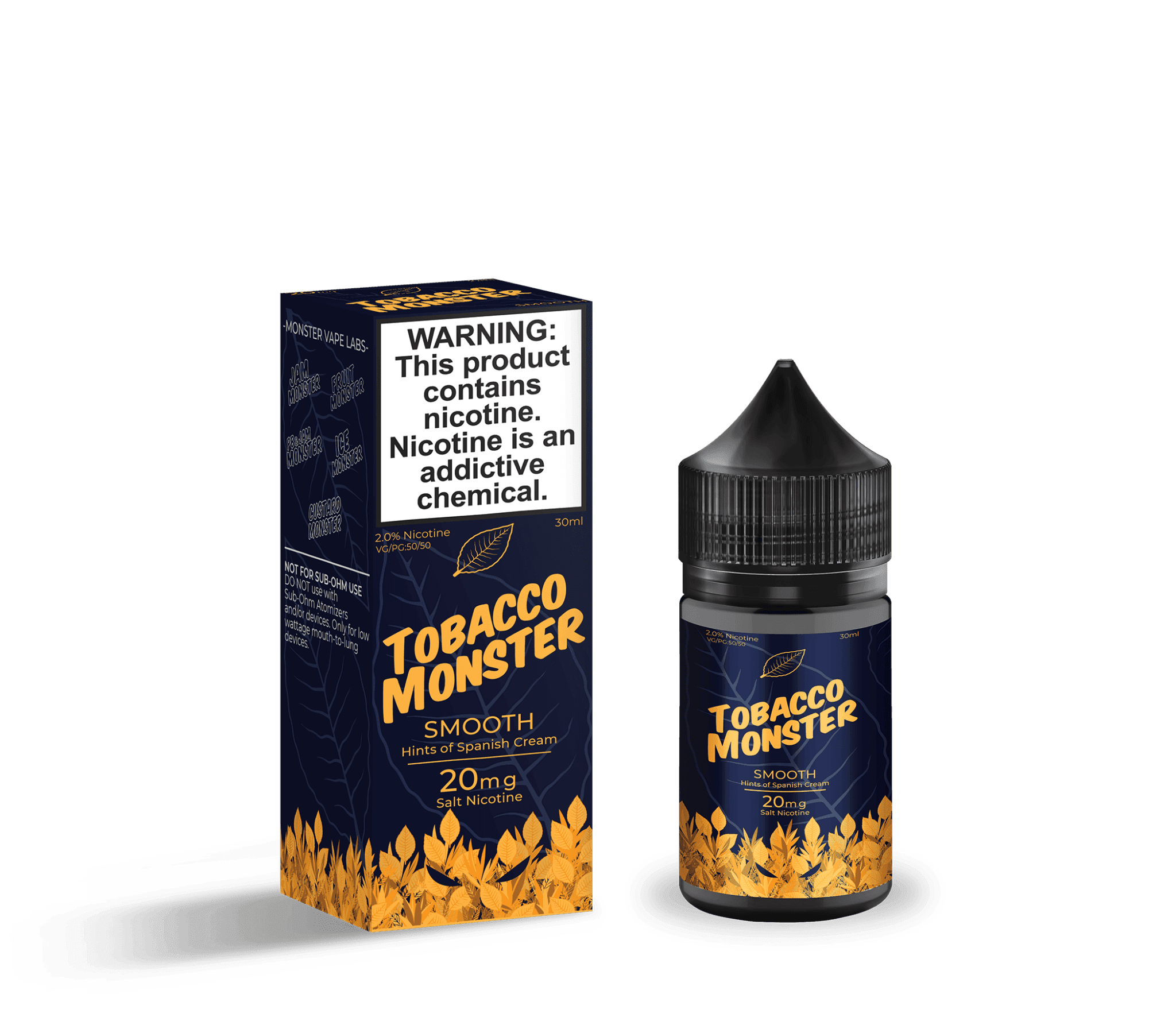 Bottle of Tobacco Monster Smooth SALT tobacco-flavored e-liquid in a 30mL bottle, featuring a sleek label design.