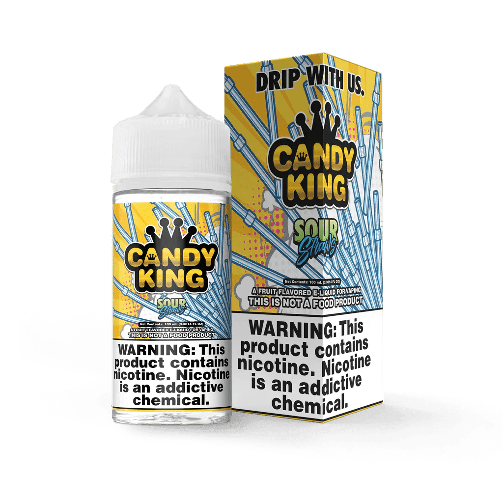 Candy King Sour Straws e-liquid 100mL bottle with colorful packaging and vibrant label featuring sour straw candy imagery.