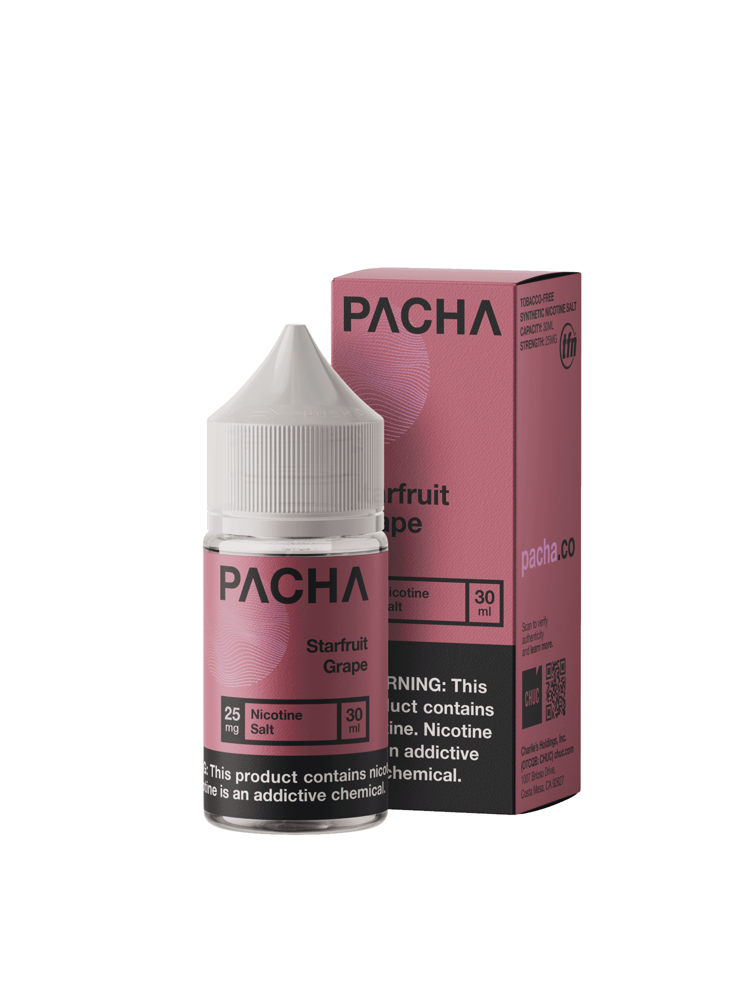Starfruit and grape flavored nicotine salt e-liquid by Pachamama in a 30mL bottle.