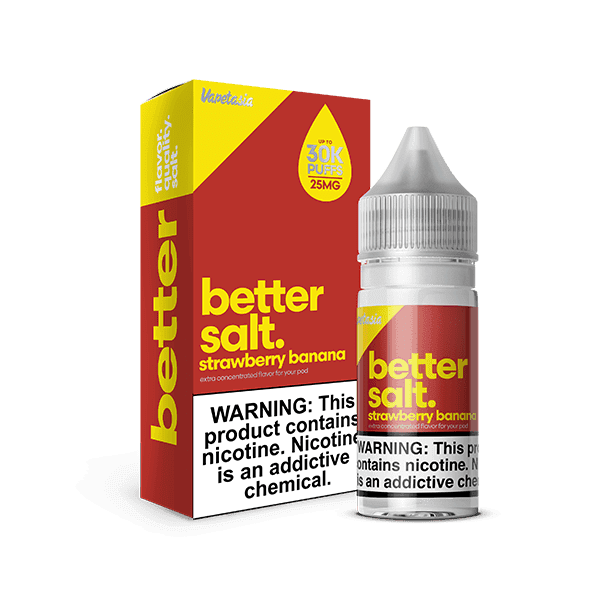 Vapetasia Strawberry Banana SALT e-liquid bottle with label showing fresh strawberries and bananas, 30mL vape juice.