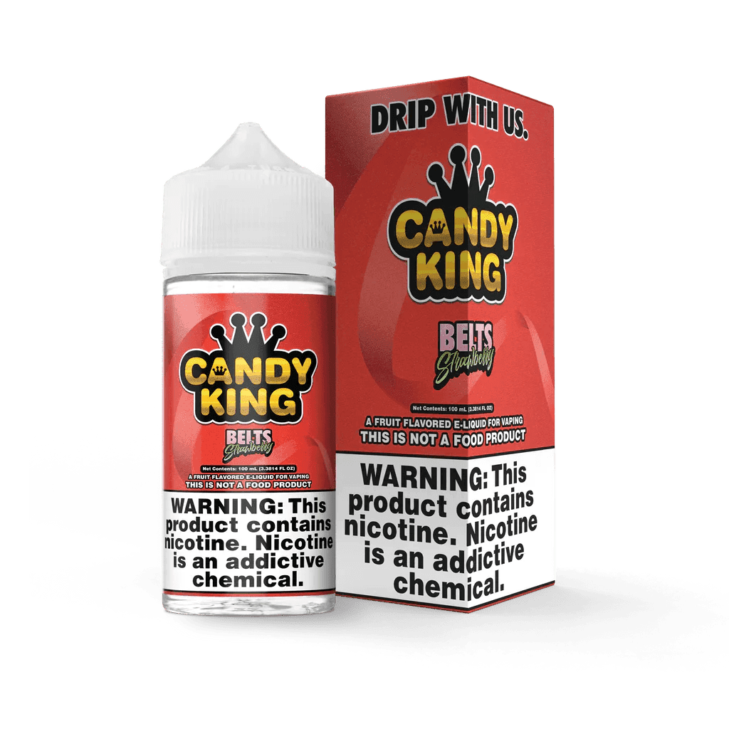 Bottle of Candy King Strawberry Belts e-liquid, 100mL, with colorful label featuring strawberry candies and vibrant branding.