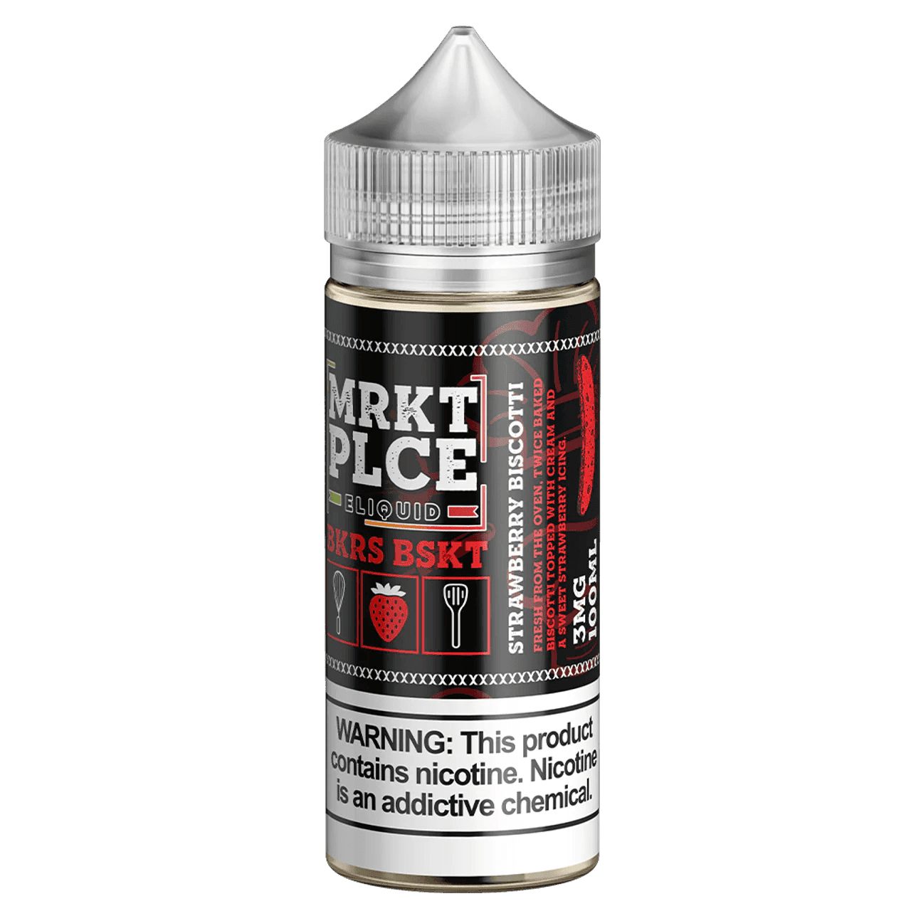 MRKT PLCE Strawberry Biscotti e-liquid in 100mL bottle with strawberry and baked biscotti flavor notes.