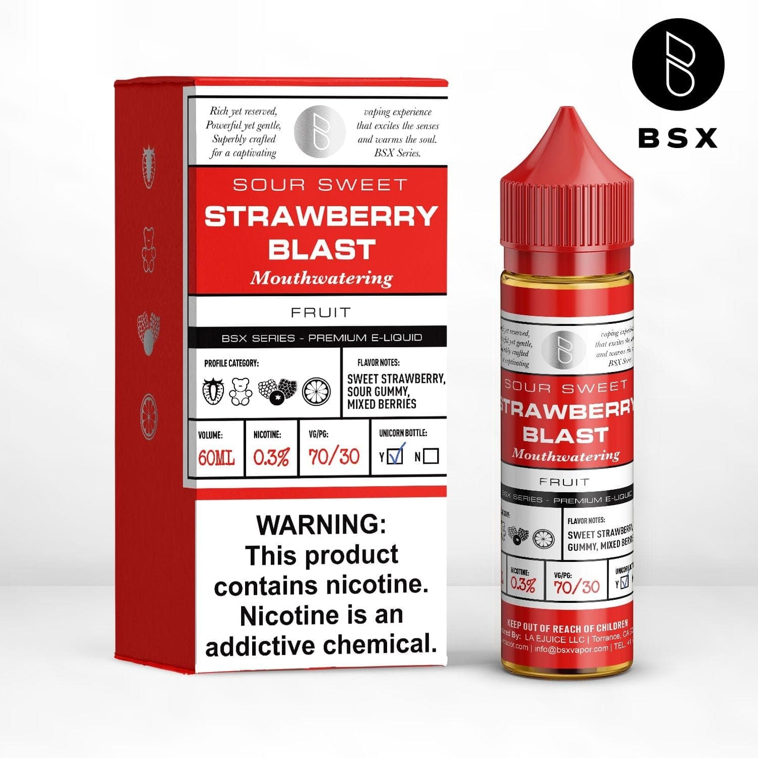 Bottle of Strawberry Blast BSX Series e-liquid in 60mL bottle from BSX Vapor with vibrant strawberry label.