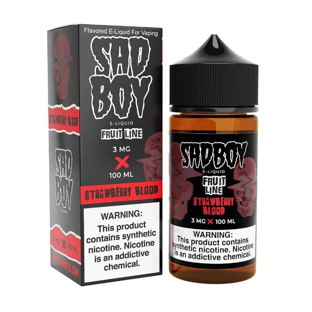 Bottle of Sadboy Strawberry Blood e-liquid, 100mL, featuring a vibrant strawberry flavor and bold red packaging.