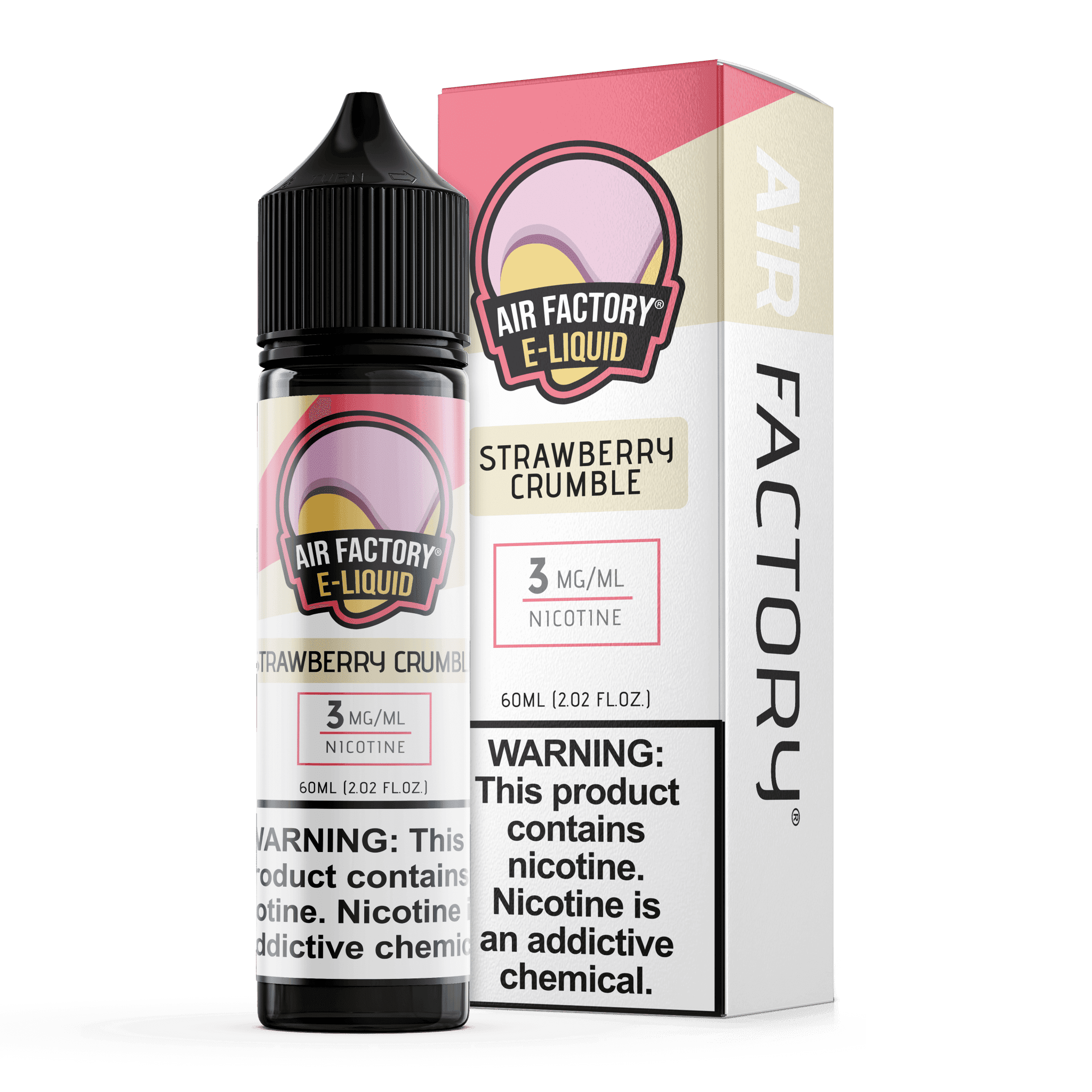 Bottle of Air Factory Strawberry Crumble E-Liquid 60mL with a colorful label featuring strawberries and crumble imagery.