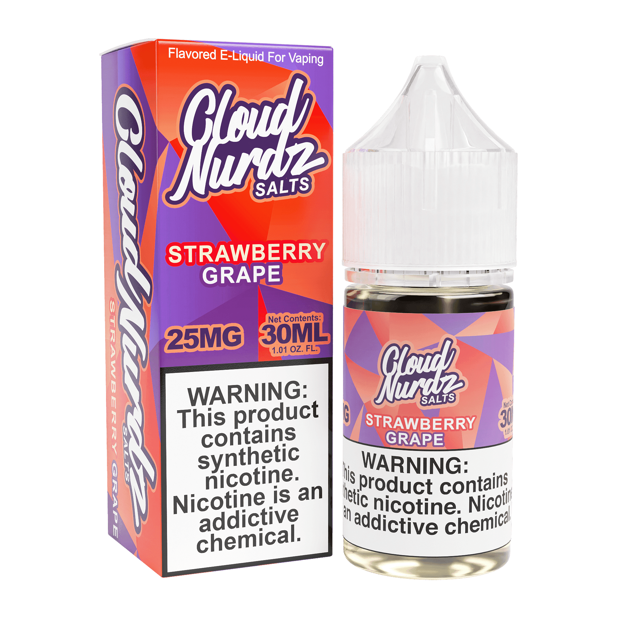Bottle of Cloud Nurdz Strawberry Grape Salt e-liquid in 30mL bottle with label showing strawberries and grapes.