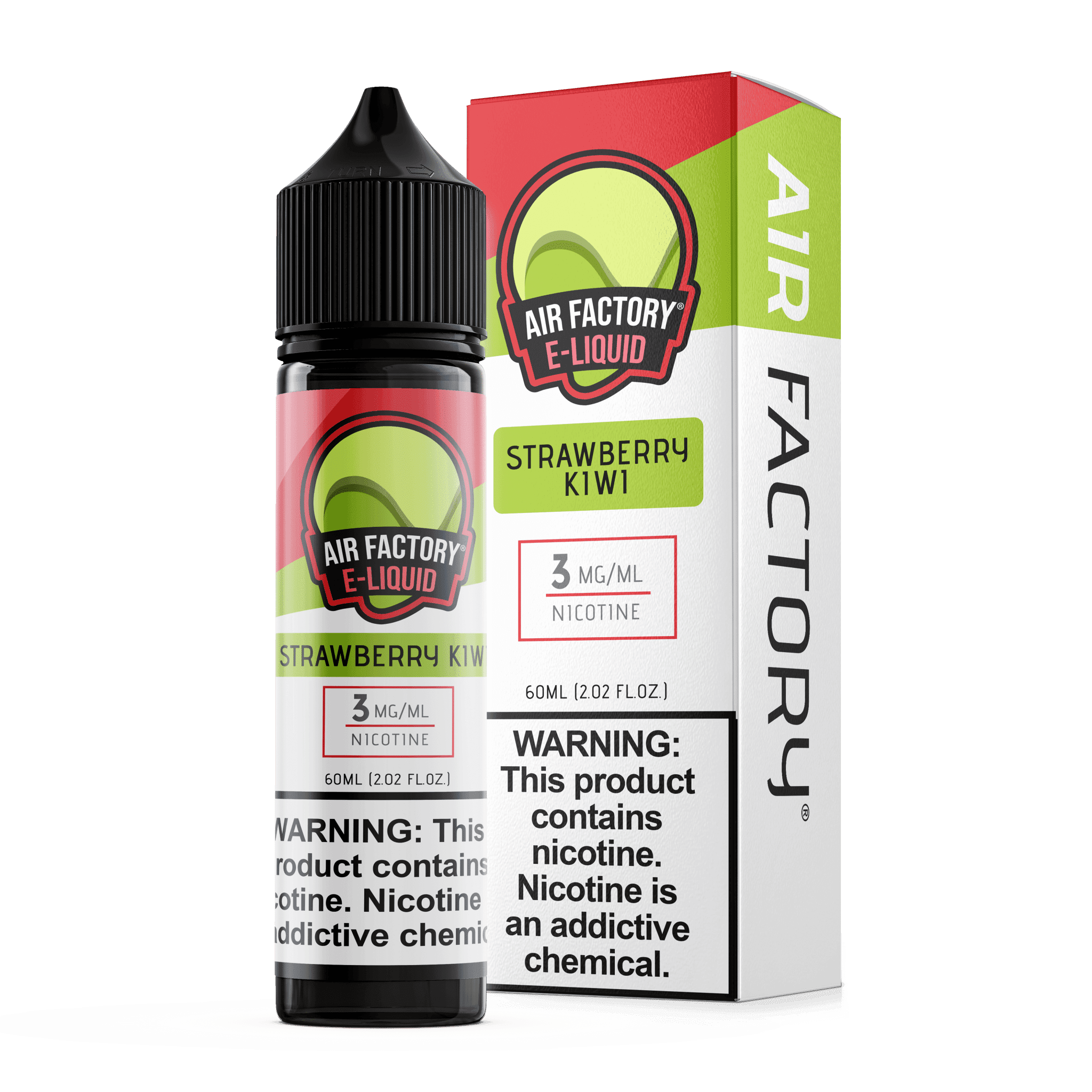 Strawberry Kiwi Air Factory E-Liquid 60mL bottle with colorful label, showcasing the fruity flavor and brand details.
