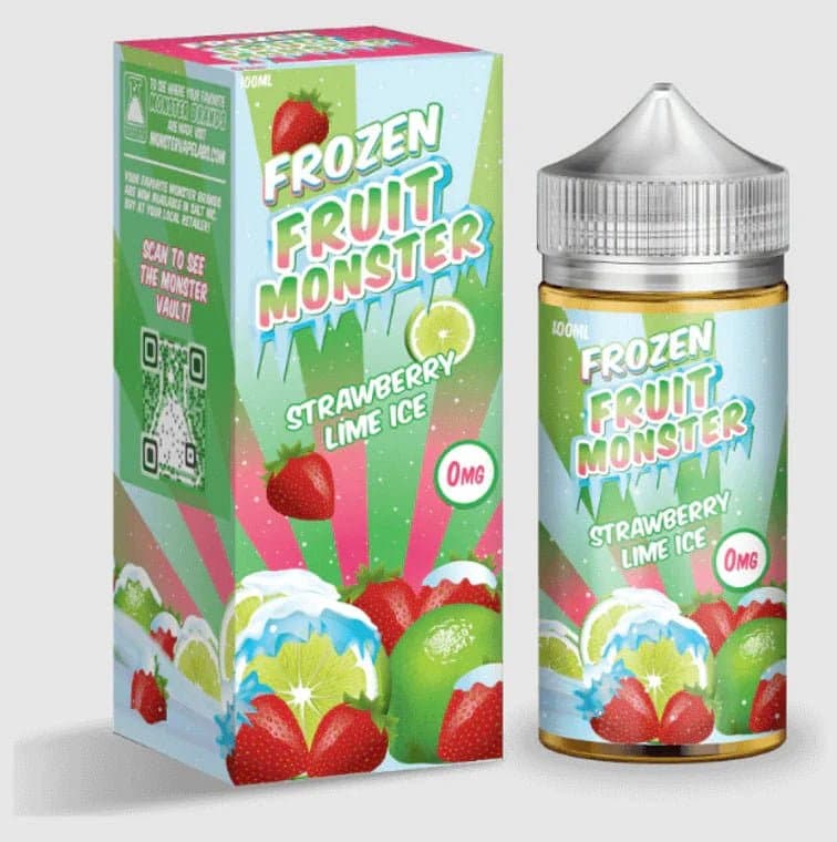 Strawberry Lime ICE e-liquid by Fruit Monster in 100mL bottle, featuring a chilled blend of strawberry and lime flavors.