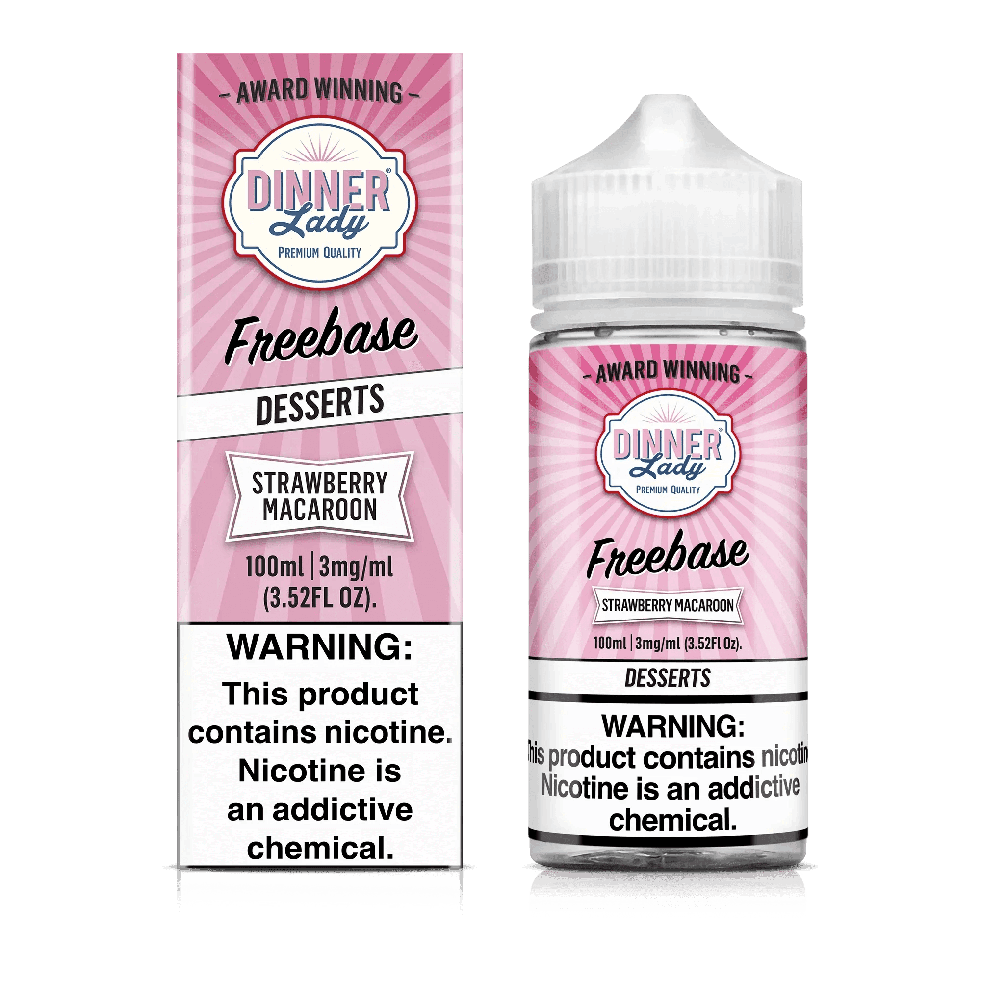 Bottle of Dinner Lady Strawberry Macaroon e-liquid in 100mL size with a colorful label featuring strawberries and a macaroon.