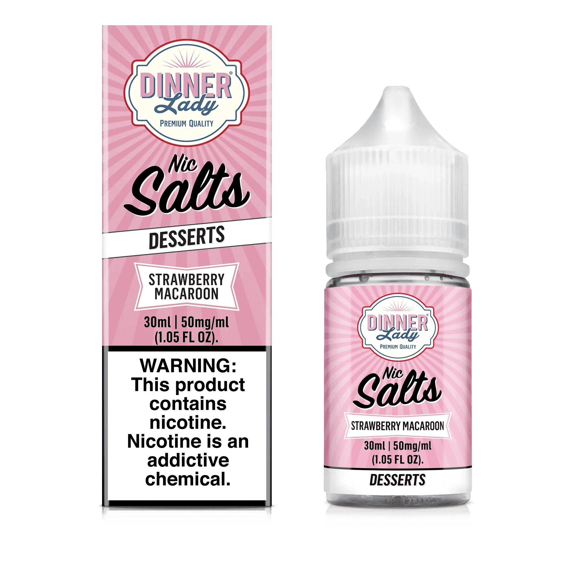 Strawberry Macaroon SALT e-liquid by Dinner Lady in a 30mL bottle, featuring a sweet strawberry and macaroon flavor profile.