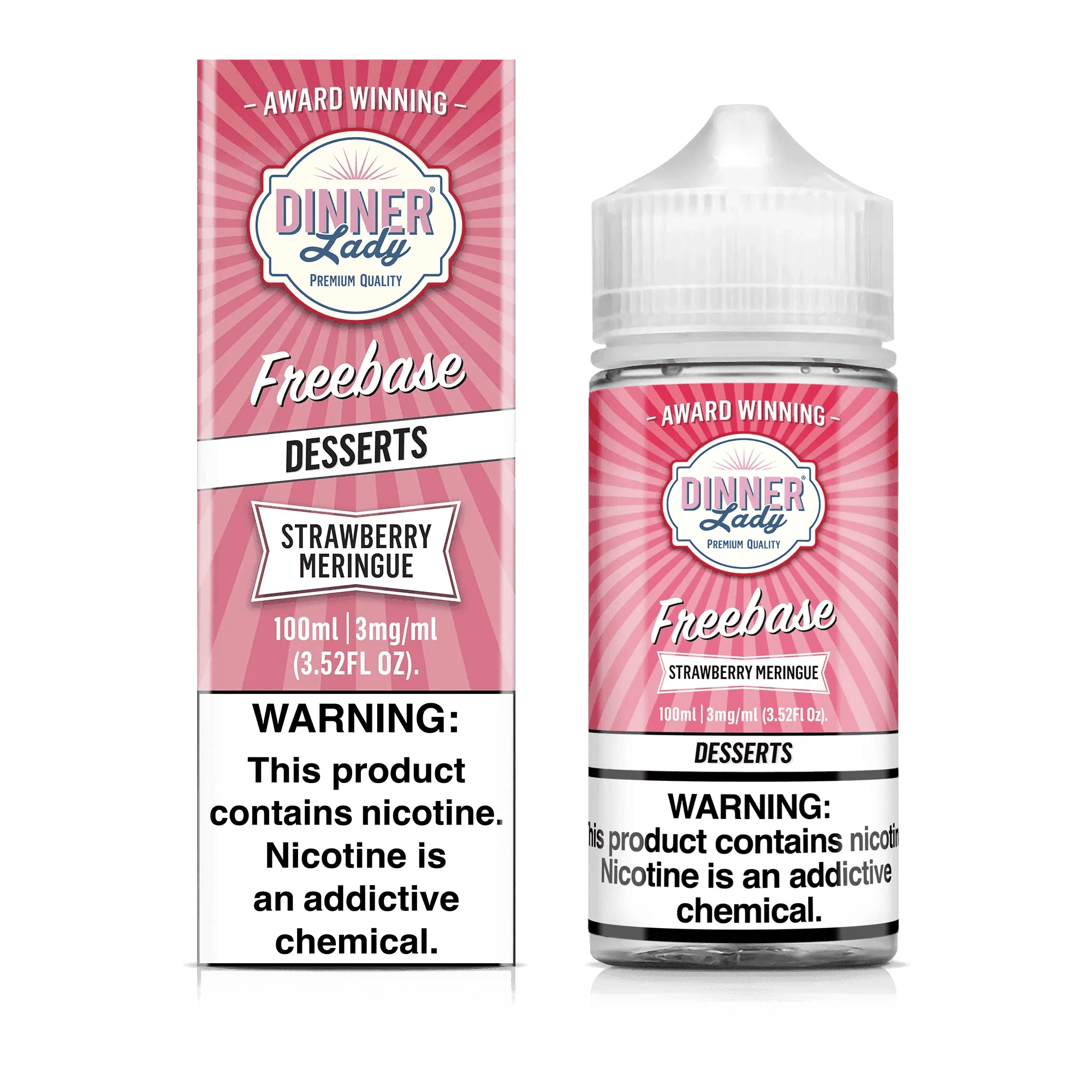 Bottle of Dinner Lady Strawberry Meringue e-liquid, 100ml, with vibrant strawberry and meringue flavor visuals.