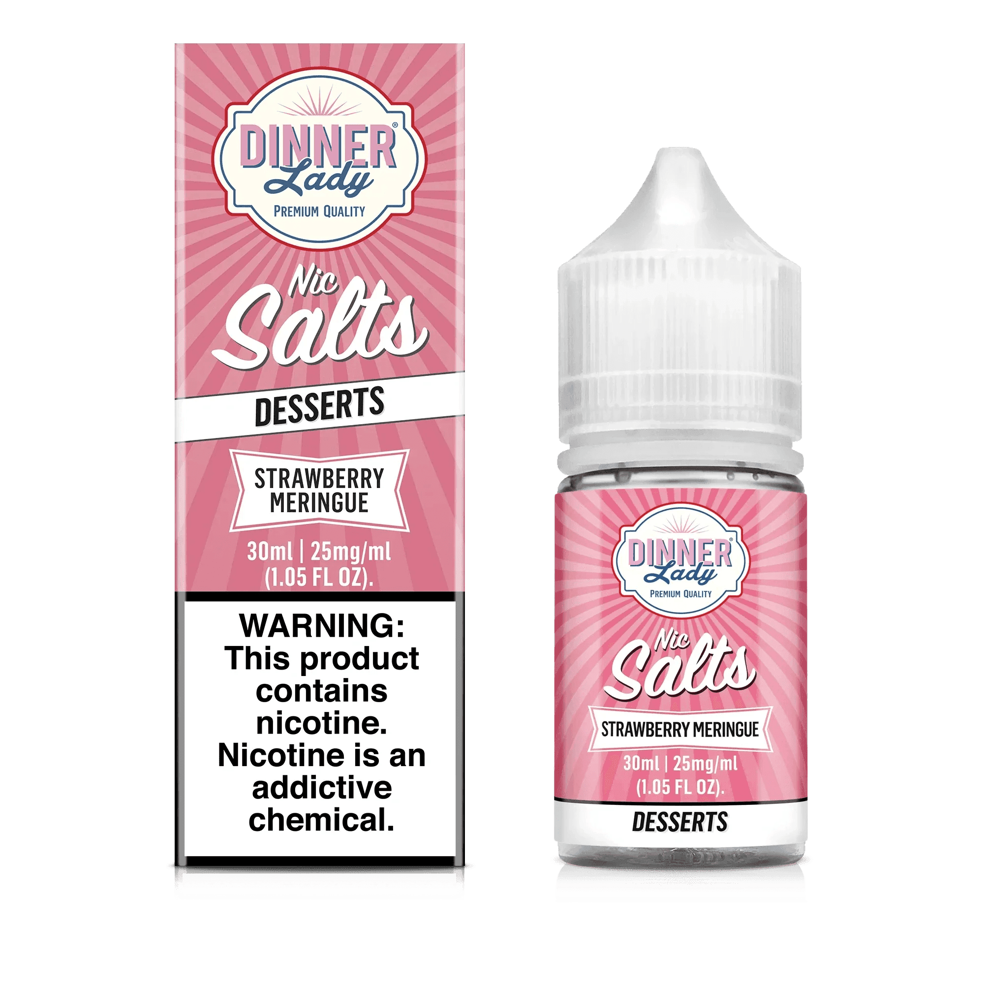 Strawberry Meringue SALT e-liquid by Dinner Lady in a 30mL bottle, with vibrant strawberry and meringue flavor details.