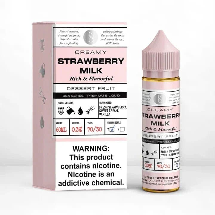 BSX Vapor Strawberry Milk e-liquid bottle, 60mL with strawberry and creamy milk flavor label and colorful packaging.