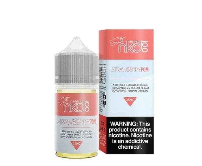 Strawberry Pom SALT e-liquid by Naked 100 in a 30mL bottle, featuring fresh strawberry and pomegranate flavors with salted finish.