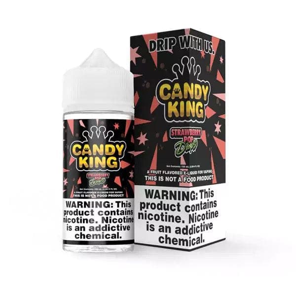 Bottle of Candy King Strawberry Pop Drops e-liquid 100mL with colorful label featuring strawberries and candy design.
