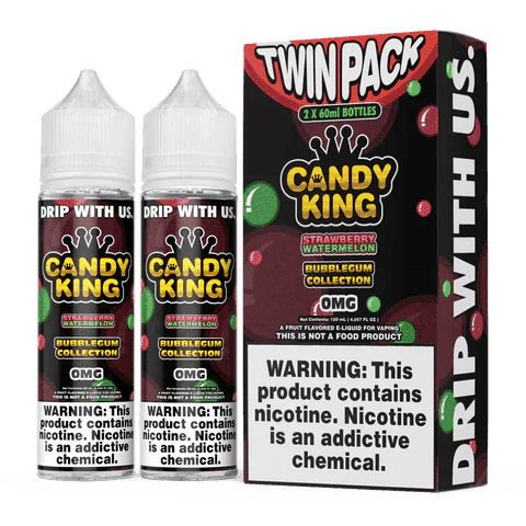 Strawberry Watermelon E-liquid from Candy King's Bubblegum Series in a 120mL bottle, featuring vibrant strawberry and watermelon flavors.