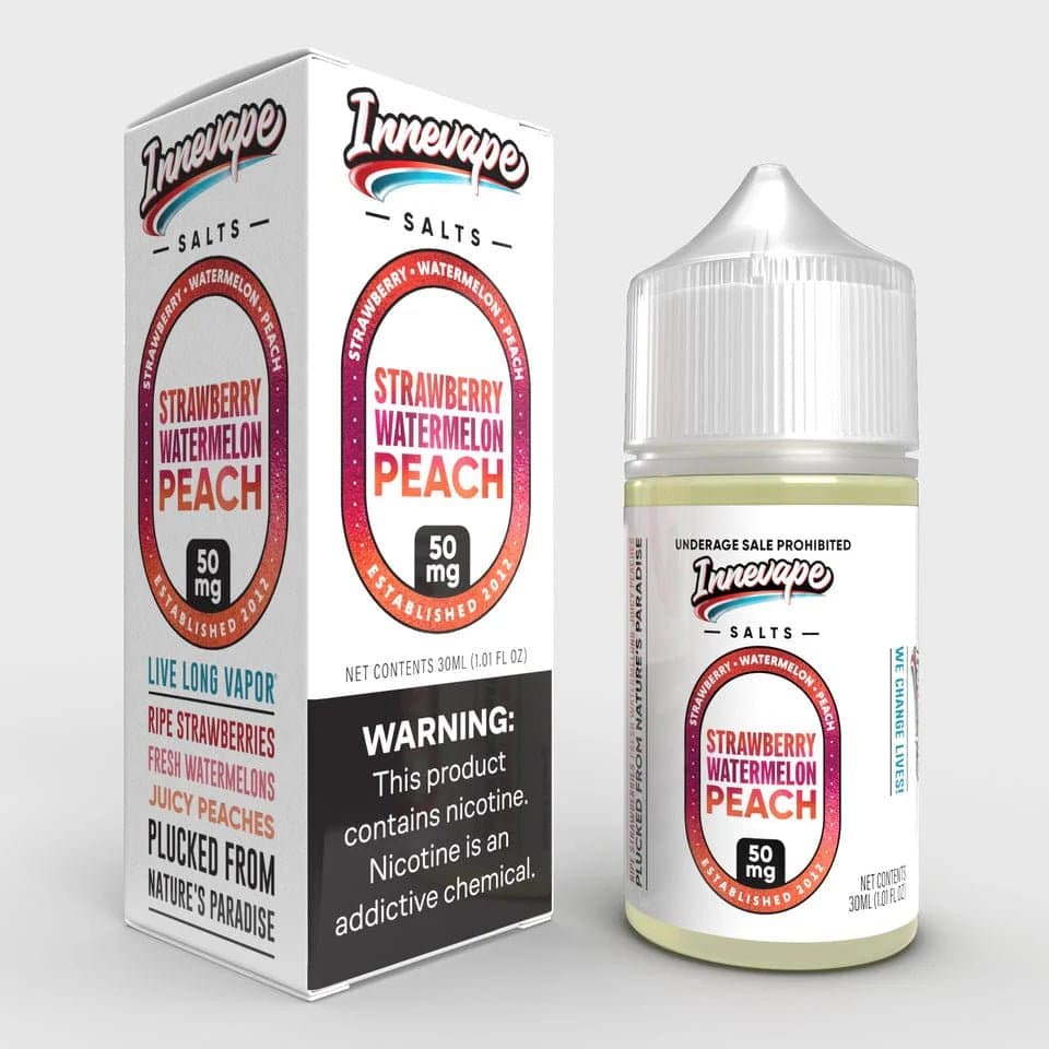 Bottle of Innevape Strawberry Watermelon Peach SALT e-liquid in 30mL bottle with vibrant fruit flavor labels.