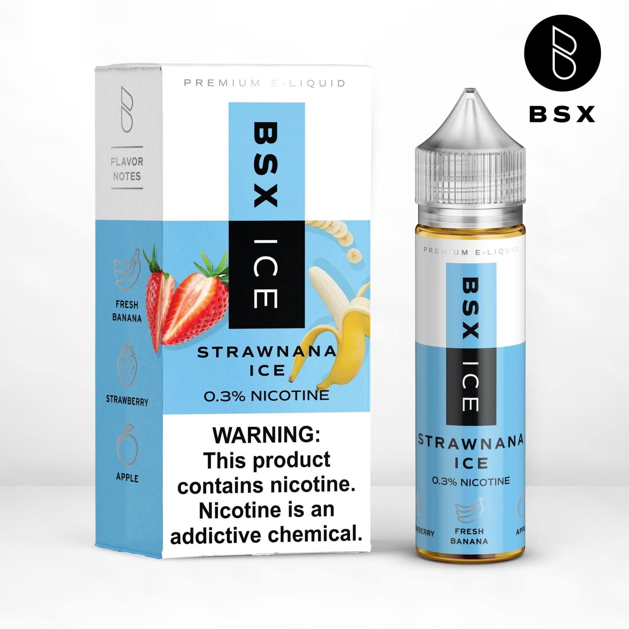BSX Vapor Strawnana ICE e-liquid bottle with 60mL label, featuring a vibrant design and flavor branding.