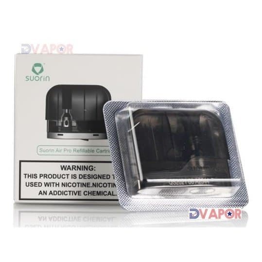 Suorin Air Pro refillable vape cartridge showing transparent plastic body and metal mouthpiece for use with Suorin vape devices.