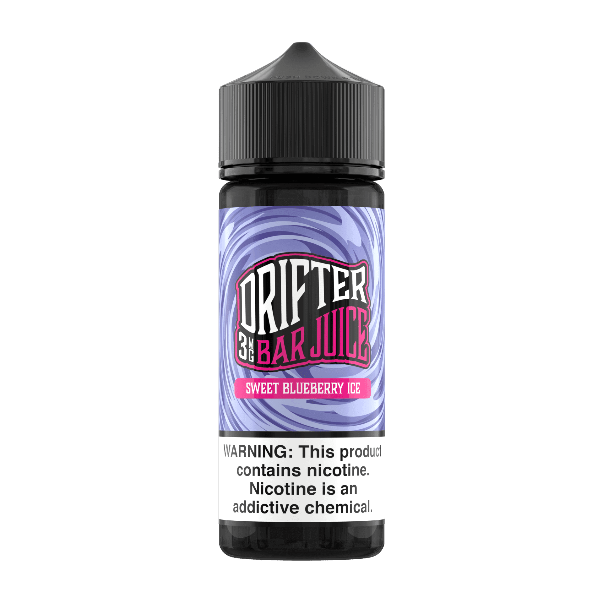 Bottle of Drifter E-Liquid Sweet Blueberry ICE flavor, 120mL, featuring blueberry and menthol notes in clear packaging.