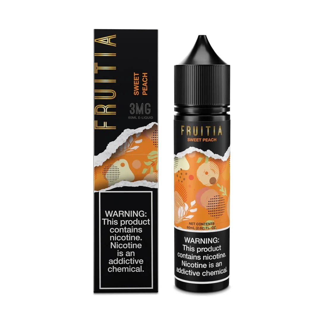 Sweet Peach Fruitia e-liquid bottle, 60mL, featuring a colorful label with peach illustrations and fruity design.