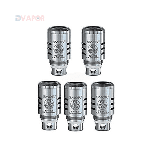 SMOK TF-T3 replacement coil heads for TFV4 vape tank, showing multiple coil options with wicking material and metal casing.